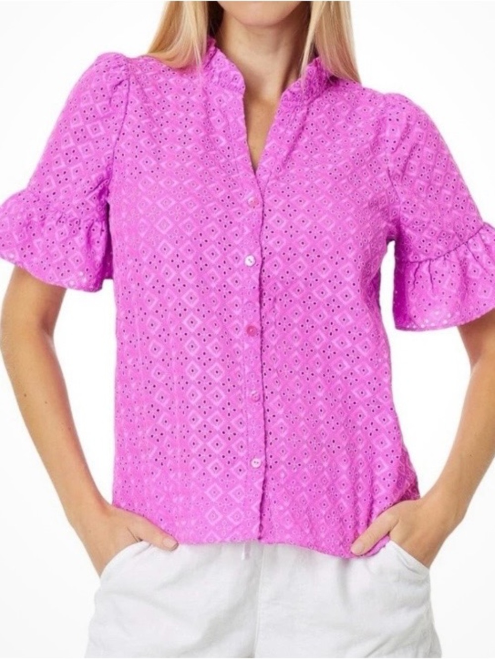Lilly Pulitzer Calynn Eyelet Fuchsia Ruffle Short Sleeve Blouse Size 4